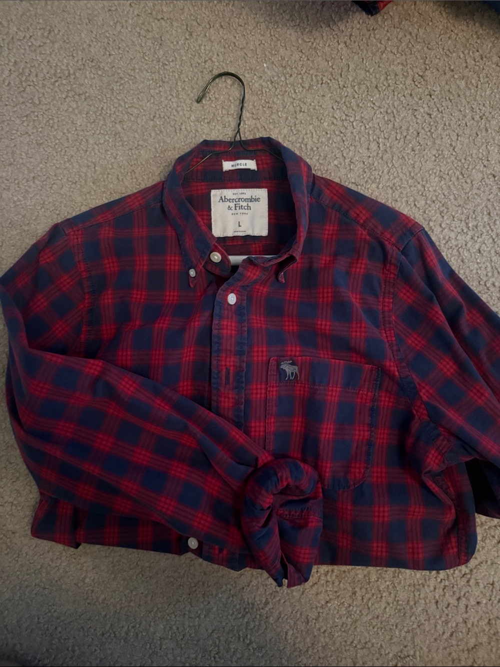 Abercrombie & Fitch Red and Navy Plaid Button-Down Shirt